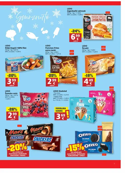 Ribola katalog — stranica 7: LEDO Zagrebački odrezak, LEDO Šumsko voće, LEDO Pommes frites extra tanki, LEDO Ribiji štapići 100% filet (vrijedi 22. 07. 2026.–04. 08. 2026.)