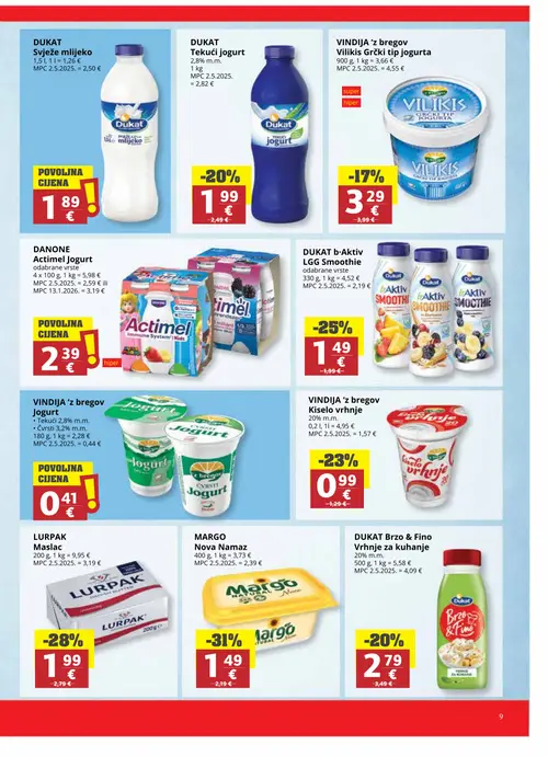 Ribola katalog — stranica 9: MARGO Nova Namaz, LURPAK Maslac, DUKAT b-Aktiv LGG Smoothie, VINDJA 'z bregov Kiselo vrhnje (vrijedi 22. 07. 2026.–04. 08. 2026.)