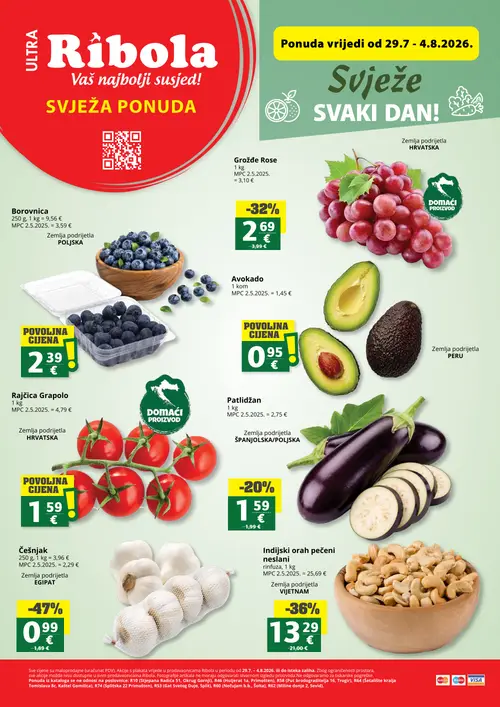 Ribola katalog — stranica 1: Češnjak, Indijski orah pečeni neslani, Grožđe Rose, Patlidžan (vrijedi 29. 07. 2026.–04. 08. 2026.)