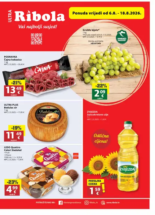 Ribola katalog — stranica 1: LEDO Quattro Colori Sladoled, ZVIJEZDA Suncokretovo ulje, PODRAVKA Čajna kobasica, ULTRA PLUS Bodulac sir (vrijedi 06. 08. 2026.–18. 08. 2026.)