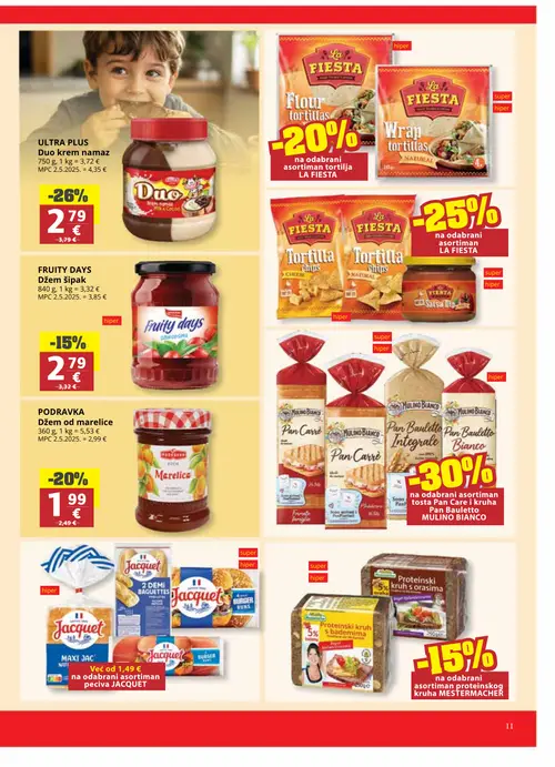 Ribola katalog — stranica 11: ULTRA PLUS Duo krem namaz, PODRAVKA Džem od marelice, FRUITY DAYS Džem šipak, MULINO BIANCO Pan Carré (vrijedi 06. 08. 2026.–18. 08. 2026.)