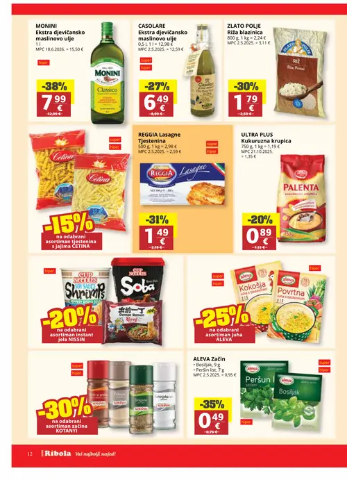 Ribola katalog — stranica 12: MONINI Ekstra djevičansko maslinovo ulje, ALEVA ALEVA Začin Bosiljak, REGGIA REGGIA Lasagne Tjestenina, Zlato Polje Zlato Polje Riža blazinica (vrijedi 06. 08. 2026.–18. 08. 2026.)