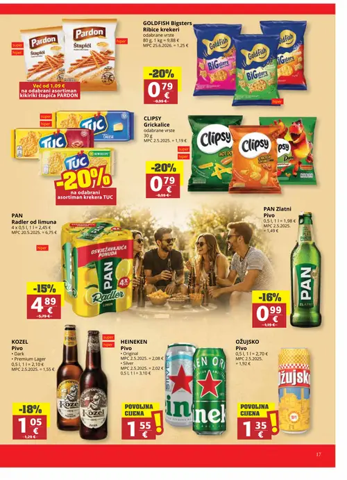 Ribola katalog — stranica 17: GOLDFISH GOLDFISH Bigsters Ribice krekeri, CLIPSY CLIPSY Grickalice, KOZEL KOZEL Pivo, PAN PAN Radler od limuna (vrijedi 06. 08. 2026.–18. 08. 2026.)