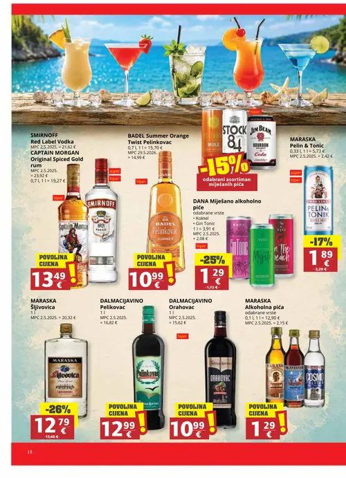Ribola katalog — stranica 18: MARASKA MARASKA Pelin & Tonic, MARASKA MARASKA Šljivovica, DANA DANA Miješano alkoholno piće - Gin Tonic, BADEL BADEL Summer Orange Twist Pelinkovac (vrijedi 06. 08. 2026.–18. 08. 2026.)