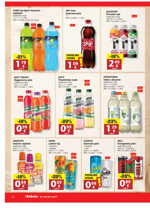 Ribola katalog — stranica 20: HELL Energetsko piće, VINDI Ledeni čaj, DONATURAL Voda s okusom, COCKTA Gazirano piće (vrijedi 06. 08. 2026.–18. 08. 2026.)