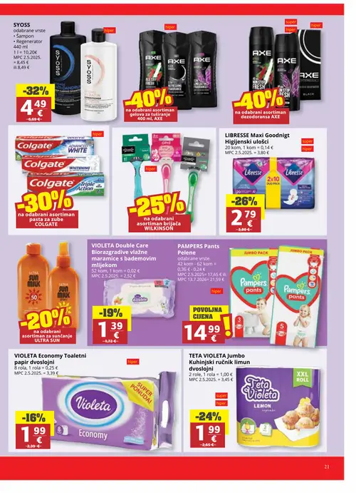 Ribola katalog — stranica 21: SYOSS SYOSS šampon i regenerator, LIBRESSE LIBRESSE Maxi Goodnight higijenski ulošci, TETA VIOLETA TETA VIOLETA Jumbo kuhinjski ručnik limun dvoslojni, VIOLETA VIOLETA Double Care biorazgradive vlažne maramice s bademovim mlijekom (vrijedi 06. 08. 2026.–18. 08. 2026.)