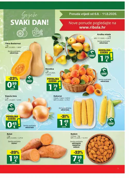 Ribola katalog — stranica 3: Badem, Kukuruz, Tikva Butternut, Batat (vrijedi 06. 08. 2026.–18. 08. 2026.)