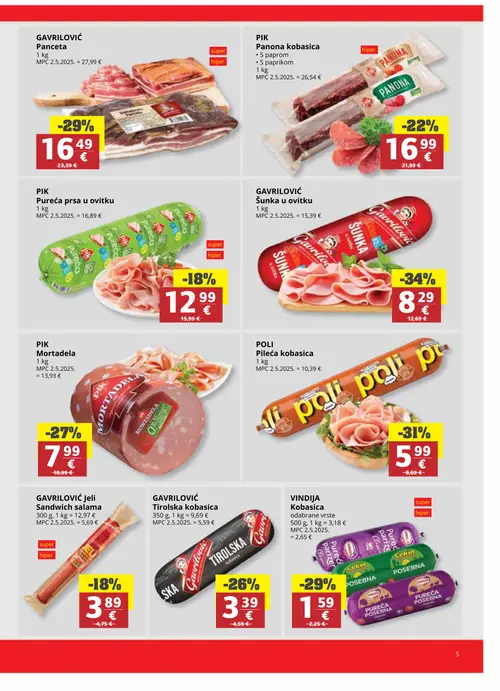 Ribola katalog — stranica 5: GAVRILOVIĆ GAVRILOVIĆ Šunka u omotu, POLI POLI Pileća kobasica, GAVRILOVIĆ GAVRILOVIĆ Panceta, VINDJA VINDJA Kobasica (vrijedi 06. 08. 2026.–18. 08. 2026.)