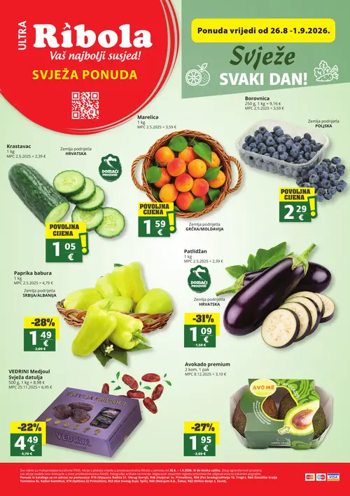 Ribola katalog — stranica 1: Paprika babura, AVO ME Avokado premium, VEDRINI Medjoule, Grožđe (vrijedi 26. 08. 2026.–01. 09. 2026.)
