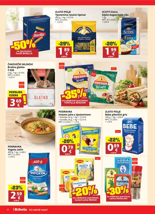 Ribola katalog — stranica 10: ZLATPOLJE Tjestenina rezanci špinat, Barilla Fusilli, PODRAVKA Vegeta začin, ZLATOPOLJE Bebe pšenični gris (vrijedi 02. 09. 2026.–15. 09. 2026.)