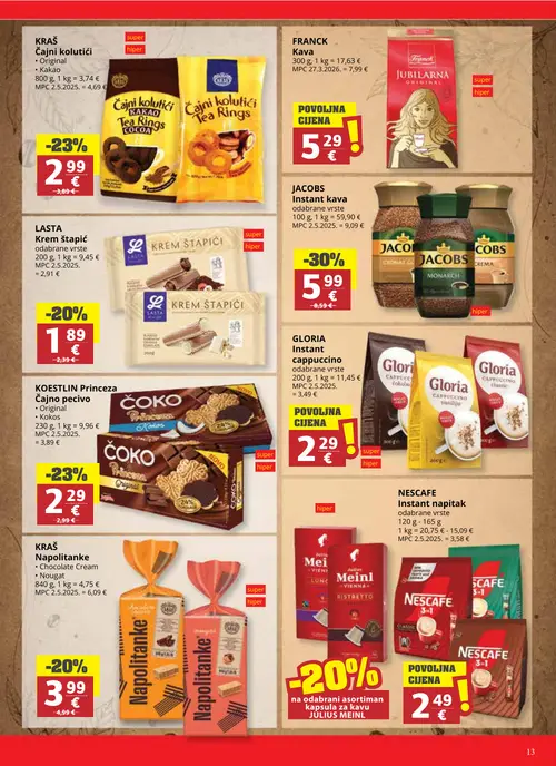 Ribola katalog — stranica 13: GLORIA Instant cappuccino odabrane vrste, JACOBS Instant kava odabrane vrste, KOESTLIN Princeza Čajno pecivo Original Kokos, KRAŠ Čajni kolutići Original Kakao (vrijedi 02. 09. 2026.–15. 09. 2026.)