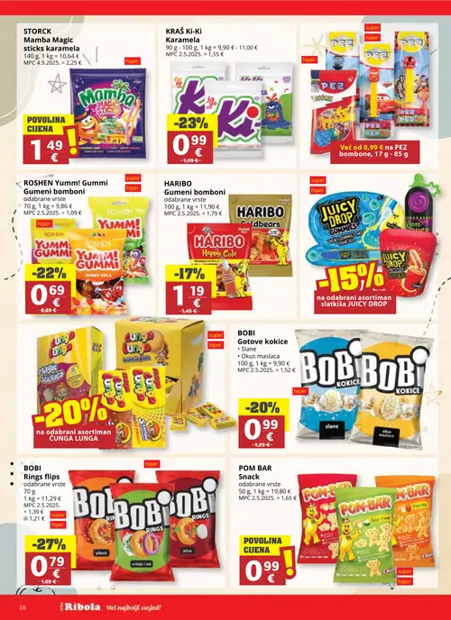 Ribola katalog — stranica 16: BOBI Rings flips, KRAŠ Ki-Ki Karamela, ROSHEN Yumm! Gummi Gumeni bomboni, BOBI Gotove kokice (vrijedi 02. 09. 2026.–15. 09. 2026.)