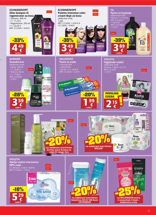 Ribola katalog — stranica 21: SCHWARZKOPF Gliss šampon ili regenerator za kosu, SCHWARZKOPF Palette intensive color cream Boje za kosu, FA Pjena za kupanje, GARNIER Dezodorans (vrijedi 02. 09. 2026.–15. 09. 2026.)