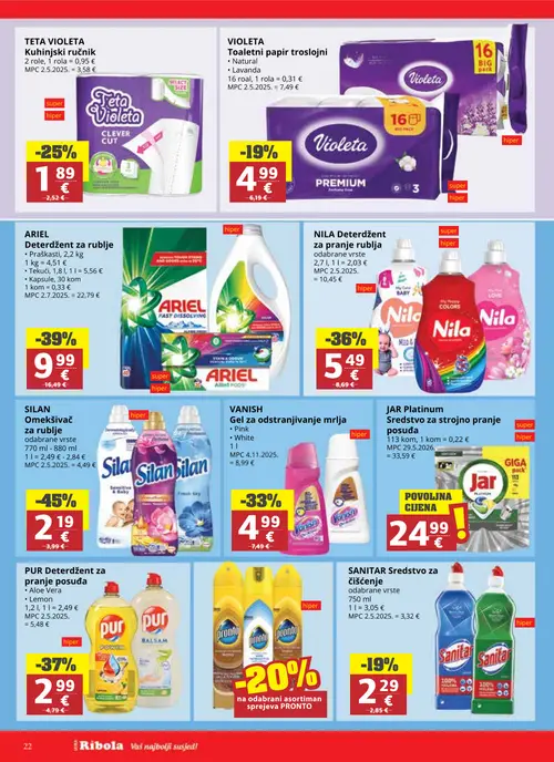 Ribola katalog — stranica 22: SILAN Omekšivač za rublje, ARIEL Deterdžent za rublje, PUR Deterdžent za pranje posuđa, NILA Deterdžent za pranje rublja (vrijedi 02. 09. 2026.–15. 09. 2026.)