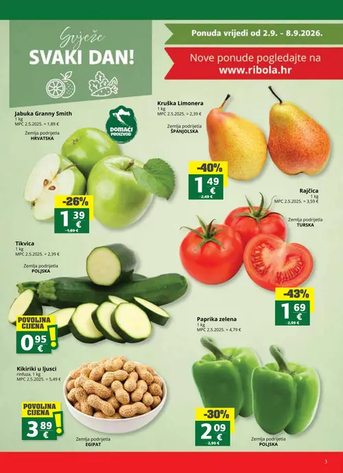 Ribola katalog — stranica 3: Rajčica, Kruška Limonera, Paprika zelena, Jabuka Granny Smith (vrijedi 02. 09. 2026.–15. 09. 2026.)