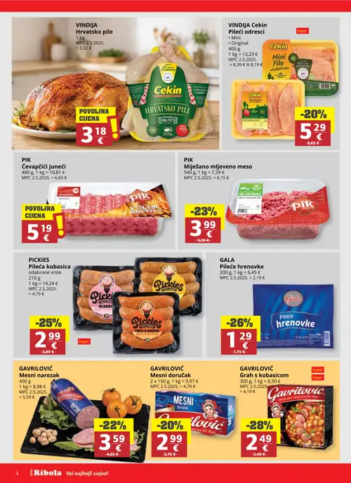 Ribola katalog — stranica 4: GAVRILOVIĆ Grah s kobasicom, GALA Pileće hrenovke, PICKIES Pileća kobasica odabrane vrste, PIK Miješano mljeveno meso (vrijedi 02. 09. 2026.–15. 09. 2026.)