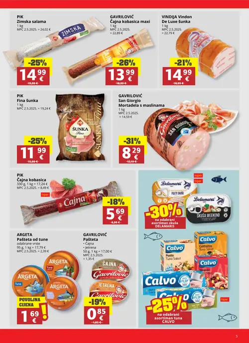 Ribola katalog — stranica 5: ARGETA Pašteta od tune odabrane vrste, GAVRILOVIĆ San Giorgio Mortadela s maslinama, GAVRILOVIĆ Čajna kobasica maxi, PIK Fina šunka (vrijedi 02. 09. 2026.–15. 09. 2026.)