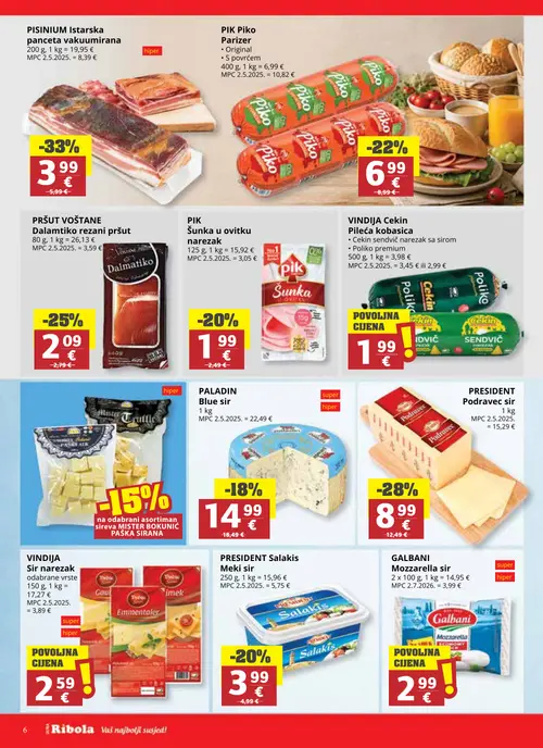 Ribola katalog — stranica 6: PIK Parizer Original, PISINIUM Istarska panceta vakuumirana, PRESIDENT Podravec sir, GALBANI Mozzarella sir (vrijedi 02. 09. 2026.–15. 09. 2026.)