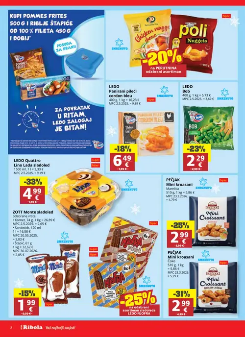 Ribola katalog — stranica 8: LEDO Quattro Lino Lada sladoled, PEČJAK Mini kroasani Čoko, PEČJAK Mini kroasani Marelica, LEDO Bob (vrijedi 02. 09. 2026.–15. 09. 2026.)