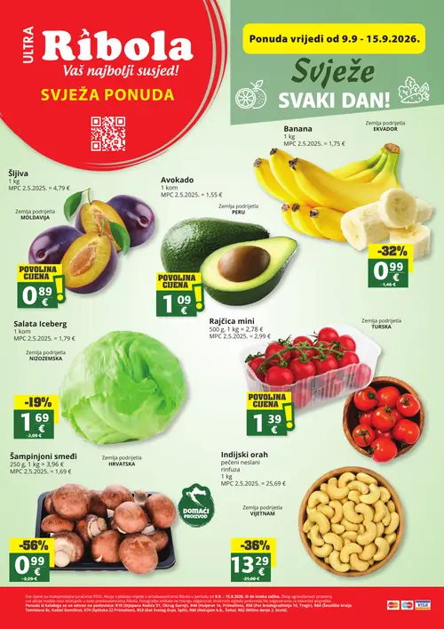 Ribola katalog — stranica 1: Šampinjon, Indijski orah pečeni neslani, Banana, Salata Iceberg (vrijedi 09. 09. 2026.–15. 09. 2026.)