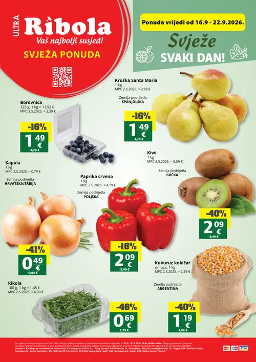 Ribola katalog — stranica 1: Rikola, Kapula, Kukuruz kožičar rinfuza, Kiwi (vrijedi 16. 09. 2026.–22. 09. 2026.)