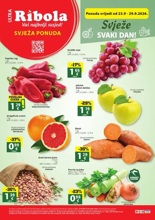 Ribola katalog — stranica 1: Grapefruit crveni, Batat, Grah šareni pinto, Jabuka Zlatni delišes (vrijedi 23. 09. 2026.–29. 09. 2026.)