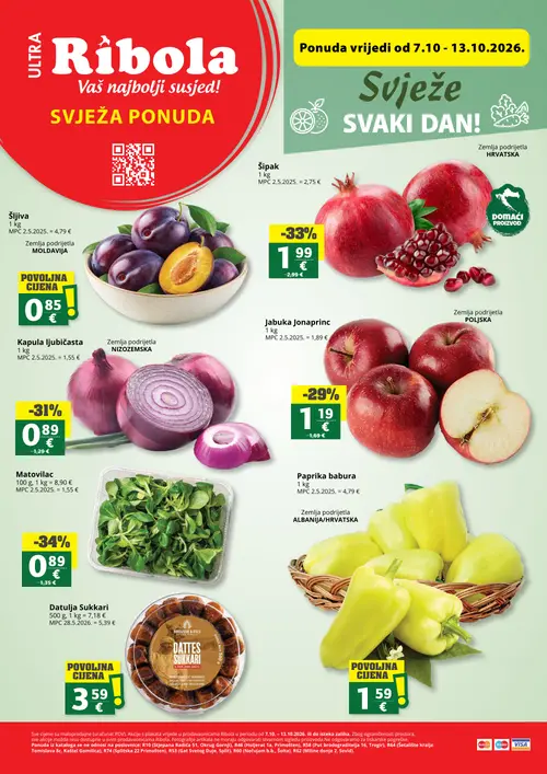 Ribola katalog — stranica 1: Jabuka Jonaprinc, Matovinac, Paprika babura, BROUSSE & FILS Datulja Sukkkari (vrijedi 07.10.–13.10.2026.)