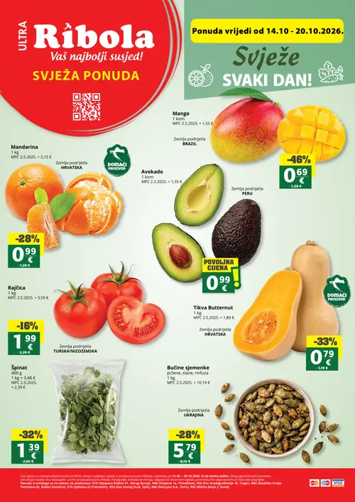 Ribola katalog — stranica 1: Mango, Tikva Butternut, Špinat, Bučine sjemenke (vrijedi 14.10.–20.10.2026.)