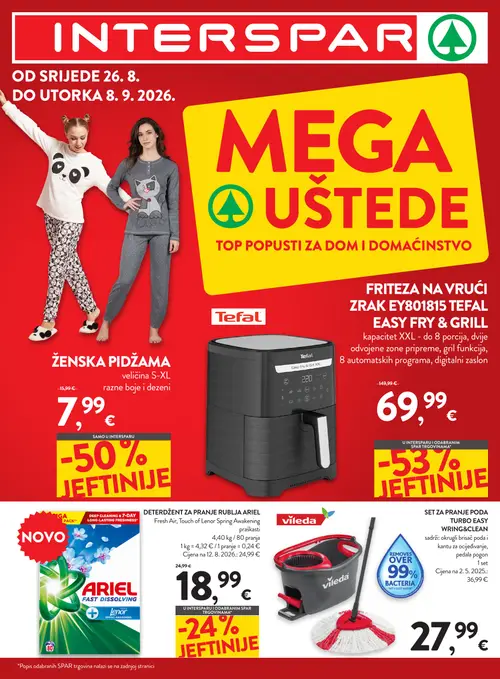 Spar katalog — stranica 1: Tefal Friteza na vrući zrak EY801815 TEFAL EASY FRY & GRILL, Ženska pidžama veličina S-XL, razne boje i dezeni, vileda Set za pranje poda TURBO EASY WRING&CLEAN, ARIEL Deterdžent za pranje rublja ARIEL Fresh Air, Touch of Lenor Spring Awakening (vrijedi 26. 08. 2026.–08. 09. 2026.)