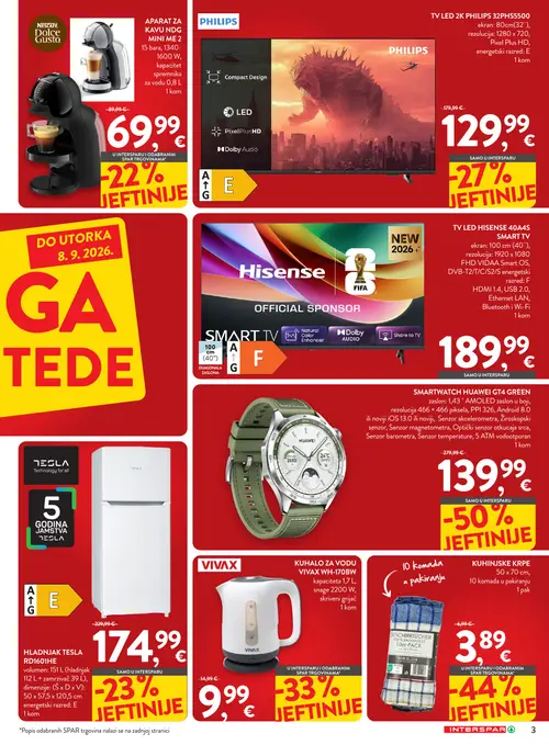 Spar katalog — stranica 3: HUAWEI SMARTWATCH HUAWEI GT4 GREEN, KUHINJSKE KRPE, VIVAX KUHALO ZA VODU VIVAX WH-170BW, PHILIPS TV LED 32PHS5500 (vrijedi 26. 08. 2026.–08. 09. 2026.)