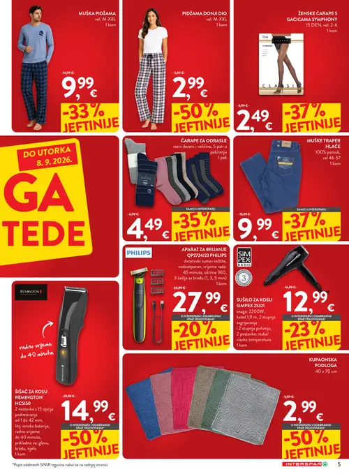 Spar katalog — stranica 5: KUPAONSKA PODLOGA, PIDŽAMA DONJI DIO, REMINGTON ŠIŠAČ ZA KOSU REMINGTON HC5150, JADRAN ŽENSKE ČARAPE S GAĆICAMA SYMPHONY (vrijedi 26. 08. 2026.–08. 09. 2026.)