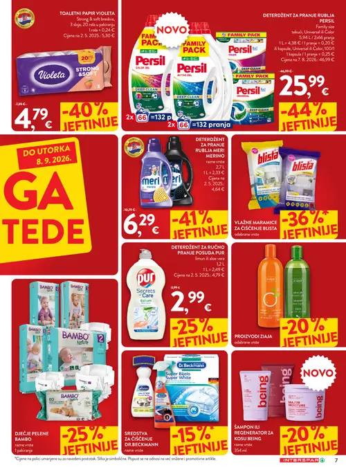 Spar katalog — stranica 7: Persil Deterdžent za pranje rublja Persil Family size Universal ili Color, Meri Deterdžent za pranje rublja Meri Merino, Violeta Toaletni papir Violeta Strong & soft breskva, Pur Deterdžent za ručno pranje posuđa Pur limun ili aloe vera (vrijedi 26. 08. 2026.–08. 09. 2026.)