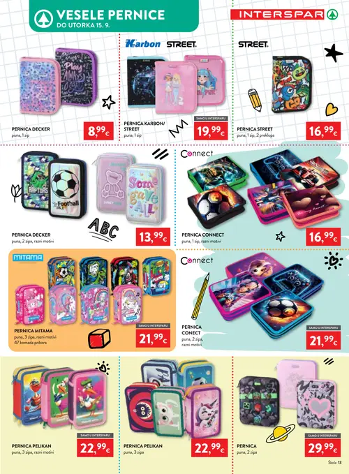 Spar katalog — stranica 13: PERNICA DECKER puna, 1 zip, Karbon PERNICA KARBON/ STREET puna, 1 zip, STREET PERNICA STREET puna, 1 zip, 2 preklopa, PERNICA DECKER puna, 2 zipa, razni motivi (vrijedi 29. 07. 2026.–15. 09. 2026.)