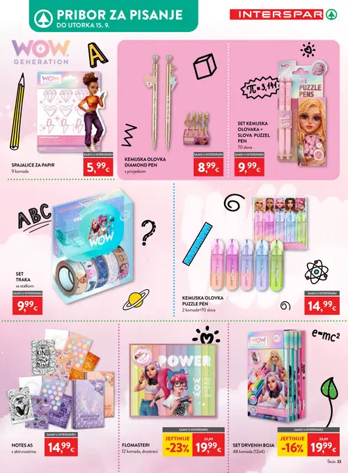 Spar katalog — stranica 23: FLOMASTERI, SET DRVENIH BOJA, SPAJALICE ZA PAPIR, KEMIJSKA OLOVKA DIAMOND PEN (vrijedi 29. 07. 2026.–15. 09. 2026.)