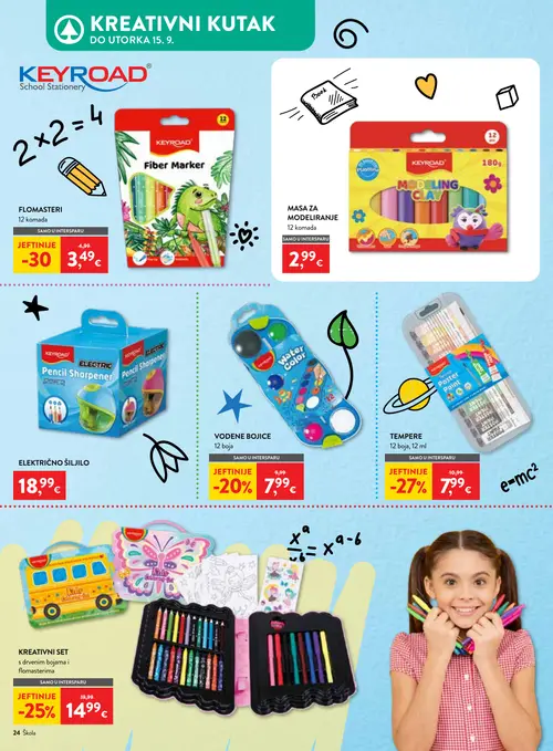 Spar katalog — stranica 24: KEYROAD FLOMASTERI, KEYROAD TEMPERE, KREATIVNI SET s drvenim bojama i flomasterima, KEYROAD VODENE BOJICE (vrijedi 29. 07. 2026.–15. 09. 2026.)