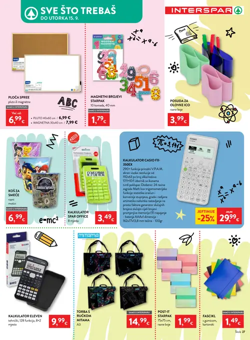 Spar katalog — stranica 27: CASIO KALKULATOR CASIO FX-350EX, PLOČA SPREE pluto ili magnetna, PLOČA SPREE pluto ili magnetna, STARPAK MAGNETNI BROJEVI STARPAK (vrijedi 29. 07. 2026.–15. 09. 2026.)