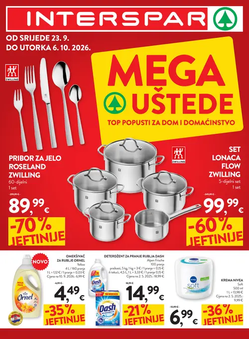 Spar katalog — stranica 1: ZWILLING PRIBOR ZA JELO ROSELAND ZWILLING 60-dijelni 1 set, ZWILLING SET LONACA FLOW ZWILLING 5-dijelni set 1 set, Ornel OMEKŠIVAČ ZA RUBLJE ORNEL Yellow, Dash DETERDŽENT ZA PRANJE RUBLJA DASH Alpen Frische (vrijedi 23. 09. 2026.–06. 10. 2026.)