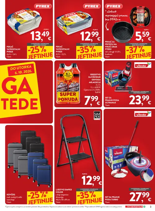 Spar katalog — stranica 3: PYREX PEKAČ ZA FRITEZU NA VRUĆI ZRAK PYREX, PYREX PEKAČ VATROSTALNI PYREX, SIMPEX LJESTVE SIMPEX COLOR s dvije stepenice, PYREX PEKAČ VATROSTALNI PYREX (vrijedi 23. 09. 2026.–06. 10. 2026.)