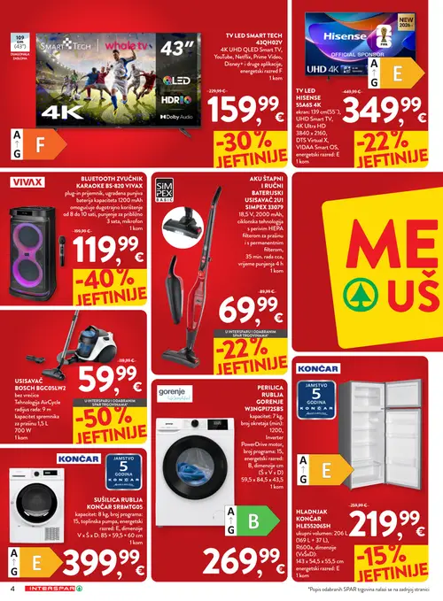 Spar katalog — stranica 4: BOSCH USISAVAČ BOSCH BGC05LW2, VIVAX BLUETOOTH ZVUČNIK KARAOKE BS-820 VIVAX, SMART TECH TV LED SMART TECH 43QH02V, HISENSE TV LED HISENSE 55A6S 4K (vrijedi 23. 09. 2026.–06. 10. 2026.)