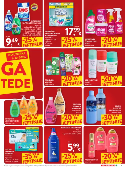 Spar katalog — stranica 7: FAKS Deterdžent za pranje rublja Faks, NIVEA Mlijeko za tijelo Nivea, Weisser Riese Deterdžent za pranje rublja Weisser Riese, Sredstva za čišćenje Pink Stuff (vrijedi 23. 09. 2026.–06. 10. 2026.)