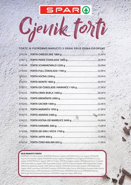 Spar katalog — stranica 2: TORTA CHEESECAKE 1800 g, TORTA PARFE ČOKOLADA 1800 g, TORTA SCHWARZWALD 2200 g, TORTA FULL ČOKOLADA 1700 g (vrijedi 19. 08. 2026.–25. 08. 2026.)