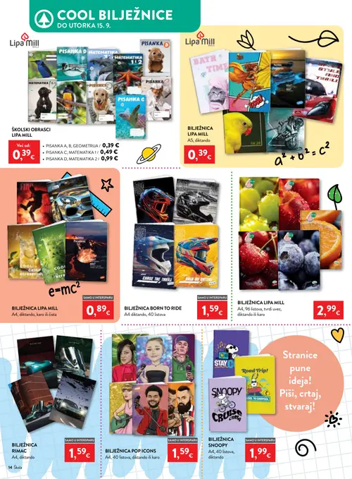Spar katalog — stranica 14: LIPA MILL PISANKA A, B, GEOMETRIJA, LIPA MILL PISANKA C, MATEMATIKA 1, LIPA MILL PISANKA D, MATEMATIKA 2, LIPA MILL BILJEŽNICA LIPA MILL A5 (vrijedi 29. 07. 2026.–15. 09. 2026.)