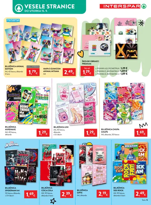 Spar katalog — stranica 15: MITAMA BILJEŽNICA ANIMAL EDITION, MITAMA MAPA S GUMICOM ANIMAL, PISANKA A,B, GEOMETRIJA, PISANKA C, MATEMATIKA 1 (vrijedi 29. 07. 2026.–15. 09. 2026.)