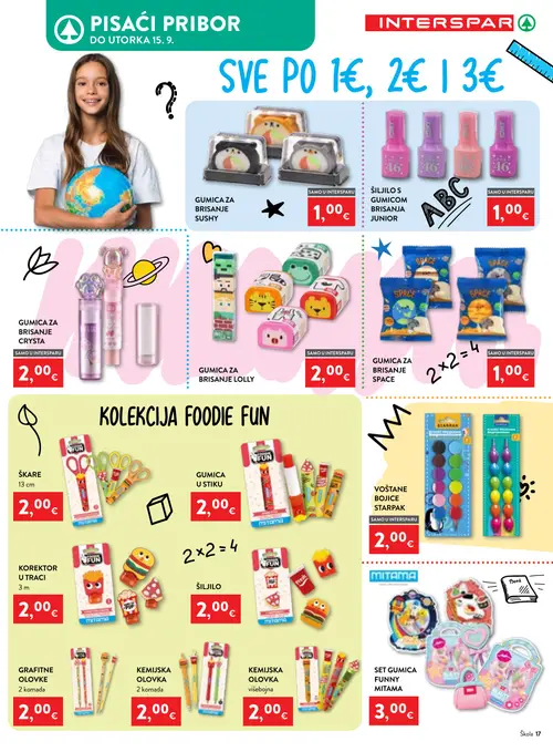 Spar katalog — stranica 17: GUMICA ZA BRISANJE SUSHY, ŠILJILO S GUMICOM BRISANJA JUNIOR, GUMICA ZA BRISANJE CRYSTA, GUMICA ZA BRISANJE LOLLY (vrijedi 29. 07. 2026.–15. 09. 2026.)