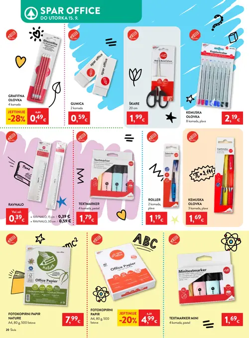 Spar katalog — stranica 20: GRAFITNA OLOVKA, FOTOKOPIRNI PAPIR, GUMICA, ŠKARE (vrijedi 29. 07. 2026.–15. 09. 2026.)
