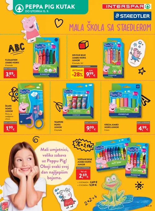 Spar katalog — stranica 21: DRVENE BOJE JUMBO NORIS JUNIOR, FLOMASTERI JUMBO NORIS, ŠKARE NORIS JUNIOR, TEMPERE NORIS JUNIOR (vrijedi 29. 07. 2026.–15. 09. 2026.)