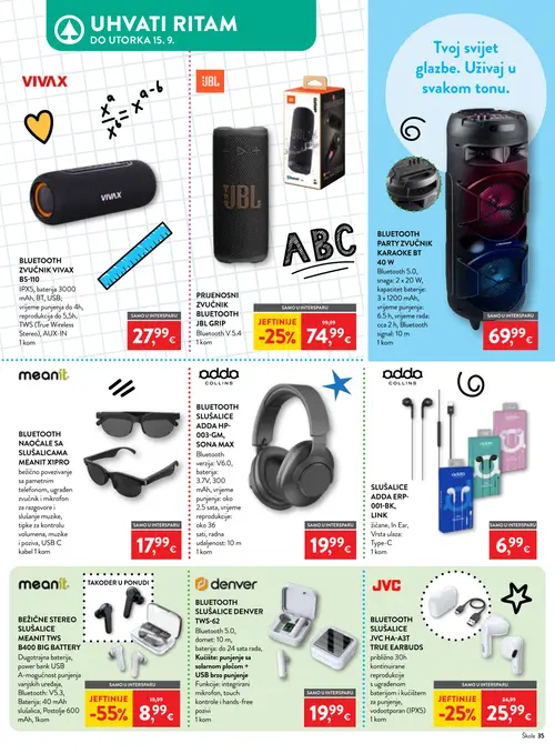 Spar katalog — stranica 35: MEANIT BEŽIČNE STEREO SLUŠALICE MEANIT TWS B400 BIG BATTERY, JVC BLUETOOTH SLUŠALICE JVC HA-A3T TRUE EARBUDS, JBL PRIJENOSNI ZVUČNIK BLUETOOTH JBL GRIP (vrijedi 29. 07. 2026.–15. 09. 2026.)