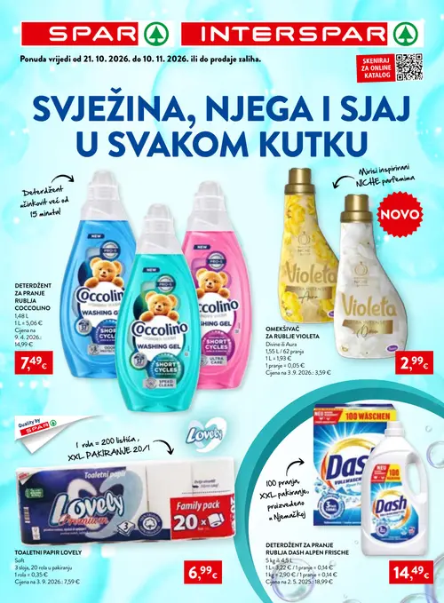 Spar katalog — stranica 1: DETRGDENT ZA PRANJE RUBLJA COCCCOLINO, Dash DETRGDENT ZA PRANJE RUBLJA DASH ALPEN FRISCHE, Violeta OMEKŠIVAČ ZA RUBLJE VIOLETA, LOVELY TOALETNI PAPIR LOVELY Soft (vrijedi 21.10.–10.11.2026.)