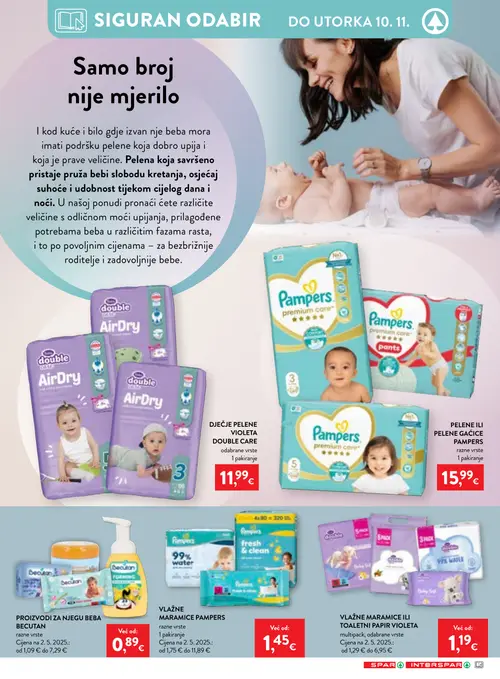 Spar katalog — stranica 12: Becutan PROIZVODI ZA NJEGU BEBA BECUTAN, Pampers VLAŽNE MARAMICE PAMPERS, Violeta VLAŽNE MARAMICE ILI TOALETNI PAPIR VIOLETA, PELENE ILI PELENE GAĆICE PAMPERS (vrijedi 21.10.–10.11.2026.)