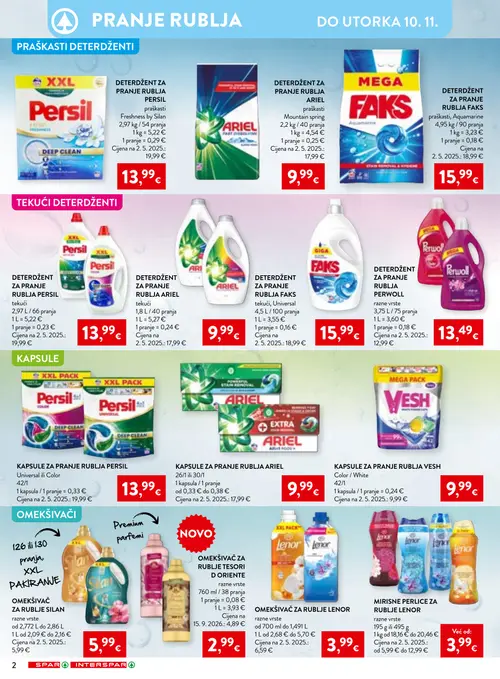 Spar katalog — stranica 2: Lenor Mirisne perlice za rublje Lenor razne vrste, Persil Kapsule za pranje rublja Persil Universal ili Color, Ariel Deterdžent za pranje rublja Ariel praškasti Mountain spring, Vesh Kapsule za pranje rublja Vesh Color / White (vrijedi 21.10.–10.11.2026.)